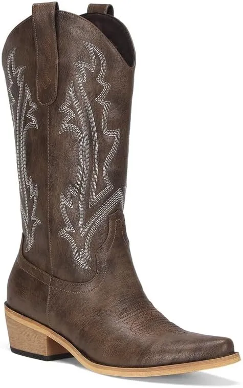 Cowboy Boots for Women Mid Calf Black Cowgirl Boots Square Toe Western Boots Womens Cowboy Boots Chunky Heel botas vaqueras para mujer