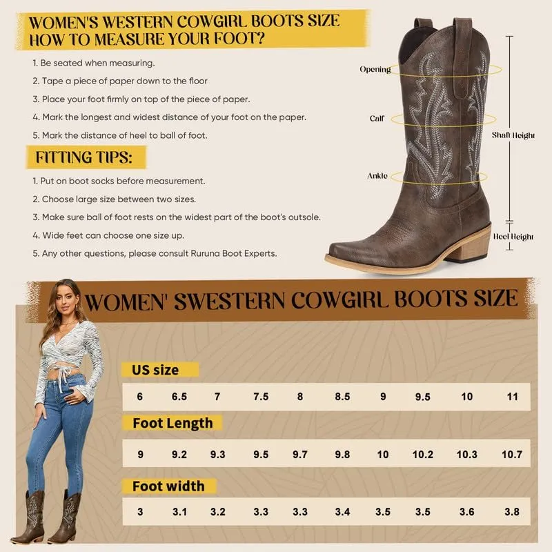 Cowboy Boots for Women Mid Calf Black Cowgirl Boots Square Toe Western Boots Womens Cowboy Boots Chunky Heel botas vaqueras para mujer