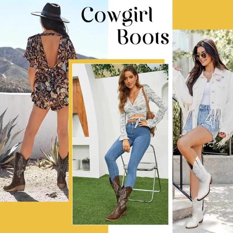 Cowboy Boots for Women Mid Calf Black Cowgirl Boots Square Toe Western Boots Womens Cowboy Boots Chunky Heel botas vaqueras para mujer