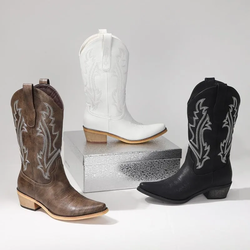 Cowboy Boots for Women Mid Calf Black Cowgirl Boots Square Toe Western Boots Womens Cowboy Boots Chunky Heel botas vaqueras para mujer