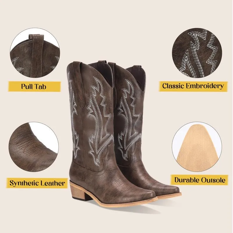 Cowboy Boots for Women Mid Calf Black Cowgirl Boots Square Toe Western Boots Womens Cowboy Boots Chunky Heel botas vaqueras para mujer