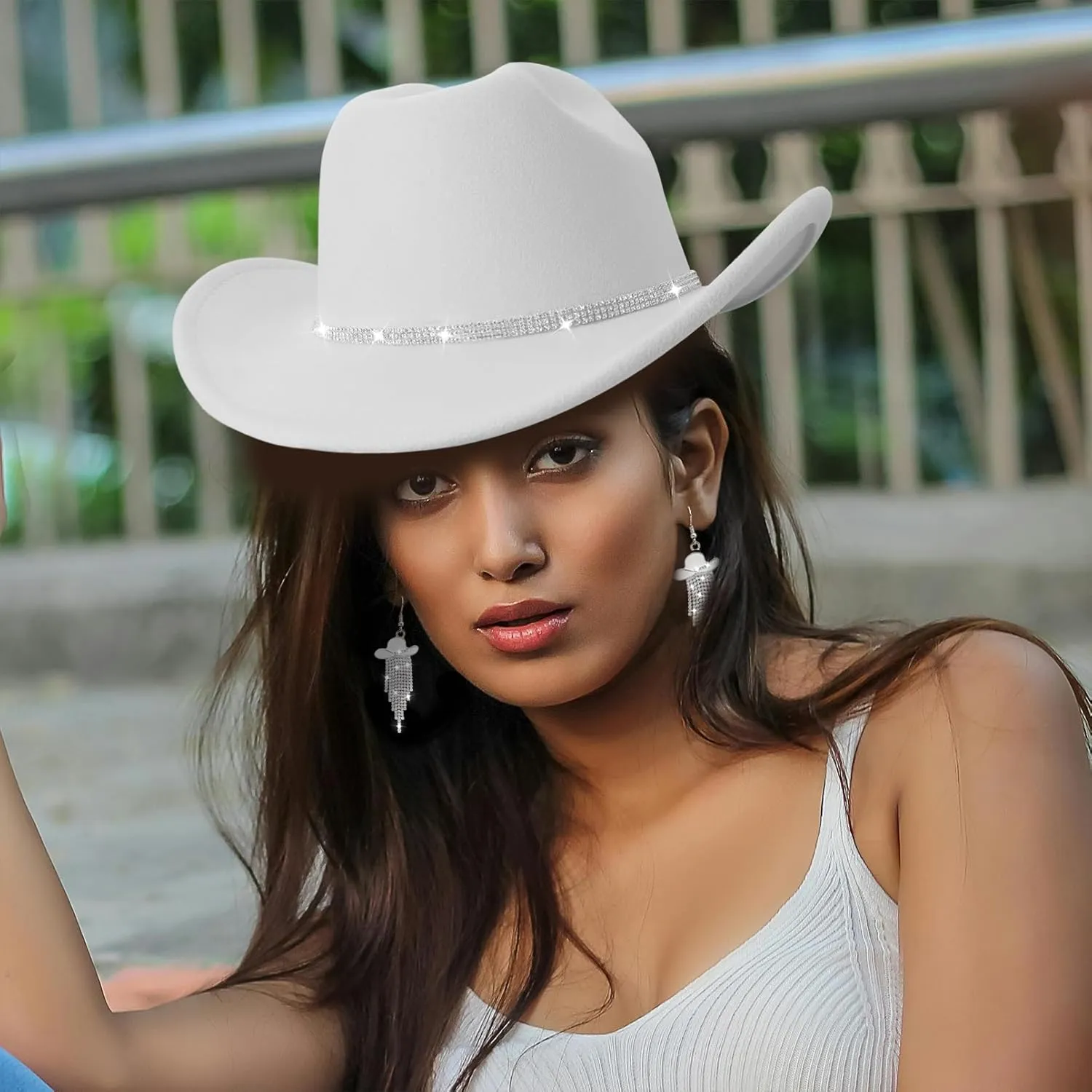Cowboy Hat Rhinestone Cowgirl Boots Earrings Set Western Earring Felt Fedora Jazz Hat Rodeo Outfit for Women Size M