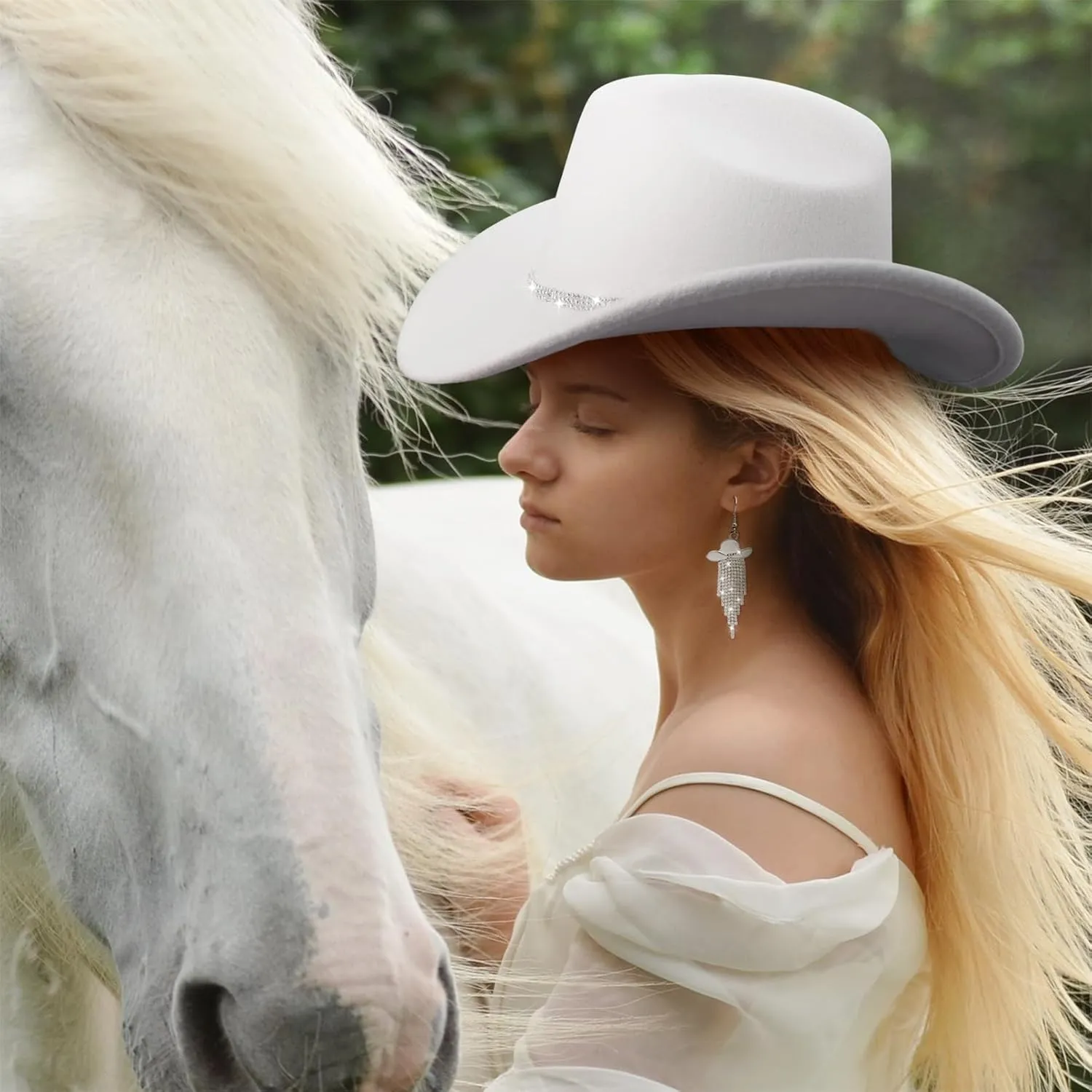 Cowboy Hat Rhinestone Cowgirl Boots Earrings Set Western Earring Felt Fedora Jazz Hat Rodeo Outfit for Women Size M