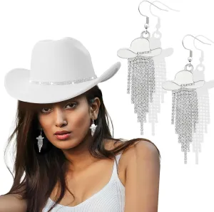 Cowboy Hat Rhinestone Cowgirl Boots Earrings Set Western Earring Felt Fedora Jazz Hat Rodeo Outfit for Women Size M