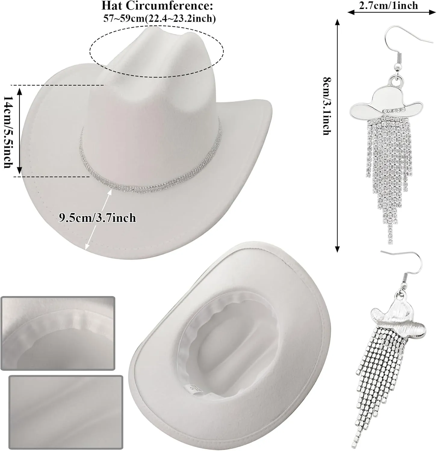 Cowboy Hat Rhinestone Cowgirl Boots Earrings Set Western Earring Felt Fedora Jazz Hat Rodeo Outfit for Women Size M