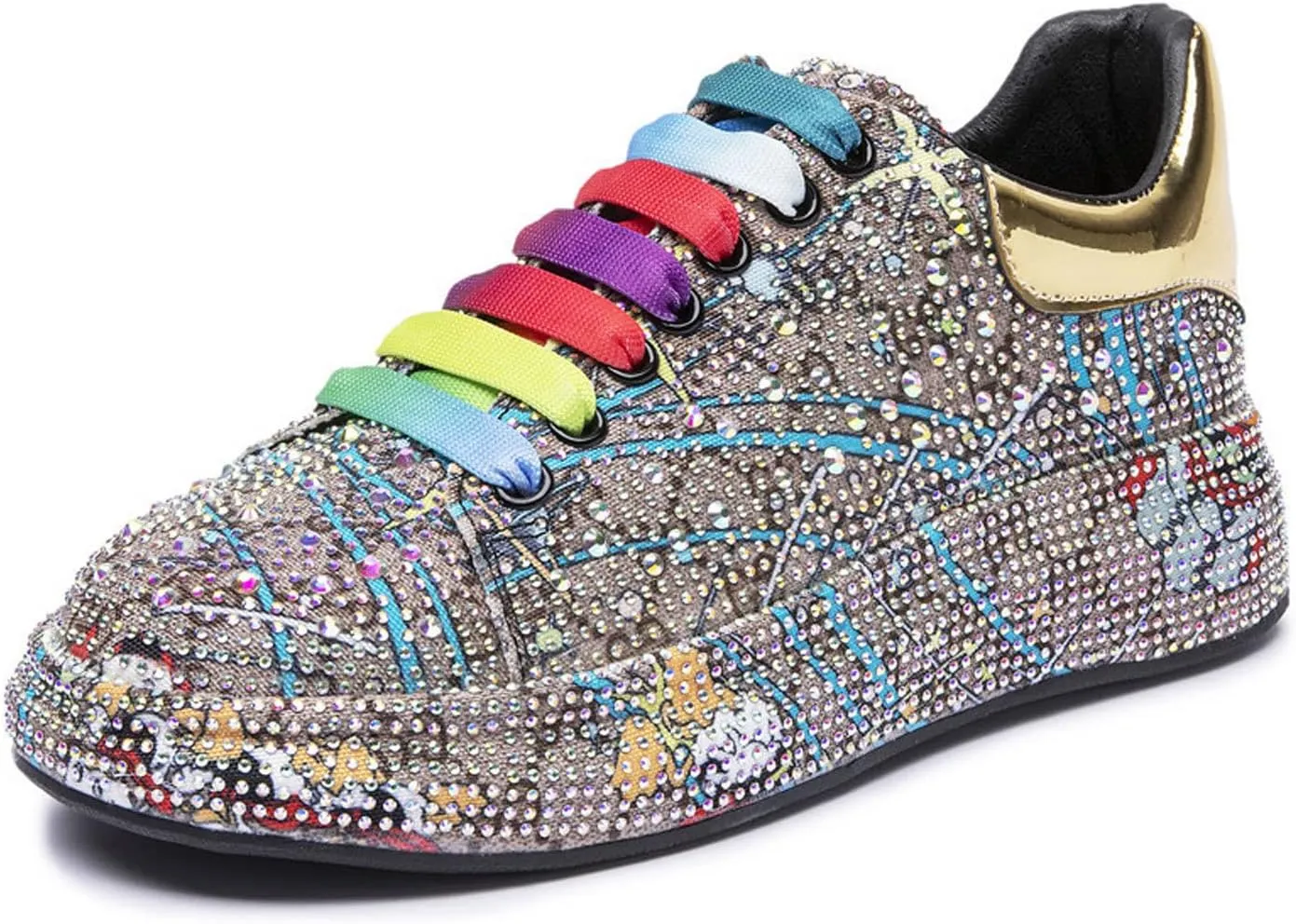Crystal Sneakers Women High Fashion Sports Shoes Platform Sneakers Flats Rhinestone Shoes,Gold-35 EU