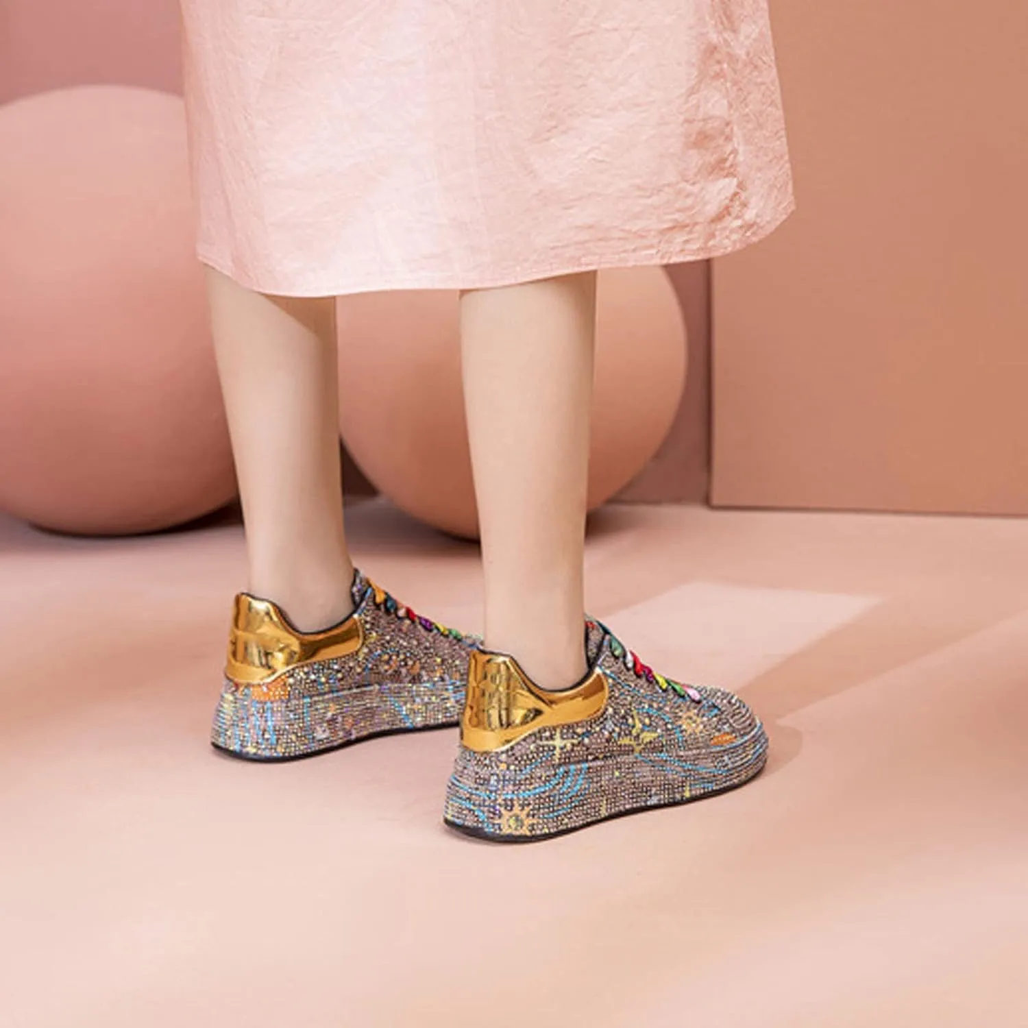 Crystal Sneakers Women High Fashion Sports Shoes Platform Sneakers Flats Rhinestone Shoes,Gold-35 EU