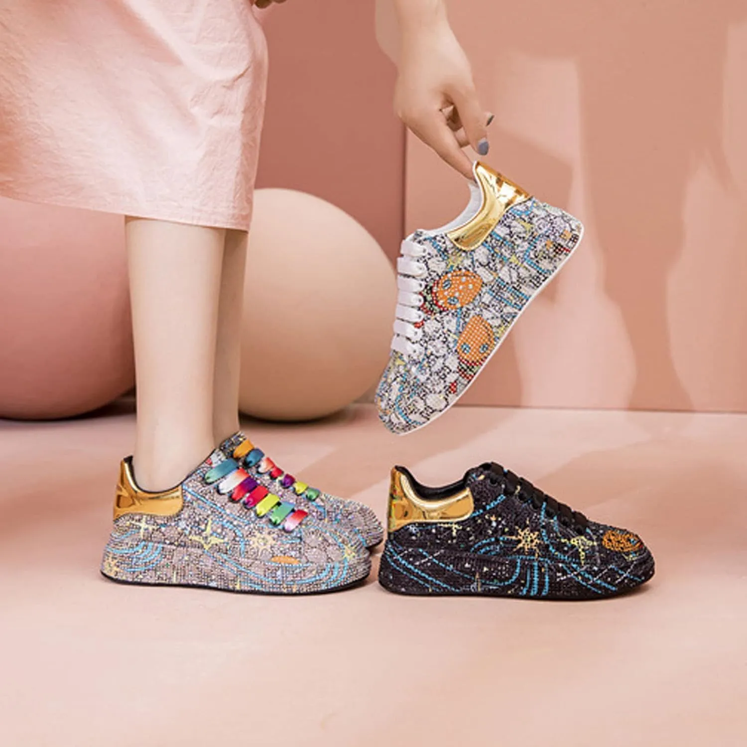 Crystal Sneakers Women High Fashion Sports Shoes Platform Sneakers Flats Rhinestone Shoes,Gold-35 EU
