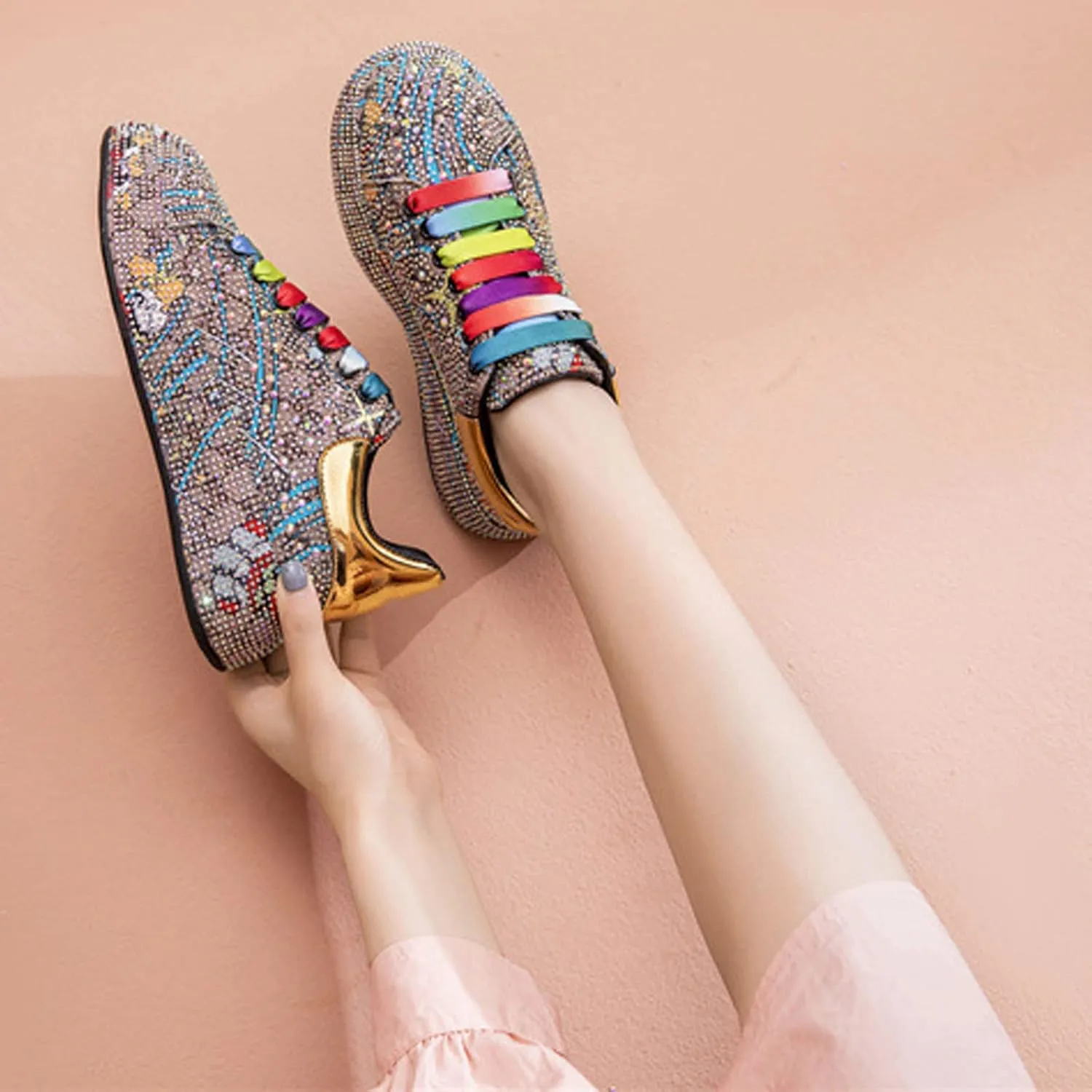 Crystal Sneakers Women High Fashion Sports Shoes Platform Sneakers Flats Rhinestone Shoes,Gold-35 EU