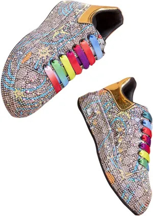 Crystal Sneakers Women High Fashion Sports Shoes Platform Sneakers Flats Rhinestone Shoes,Gold-35 EU