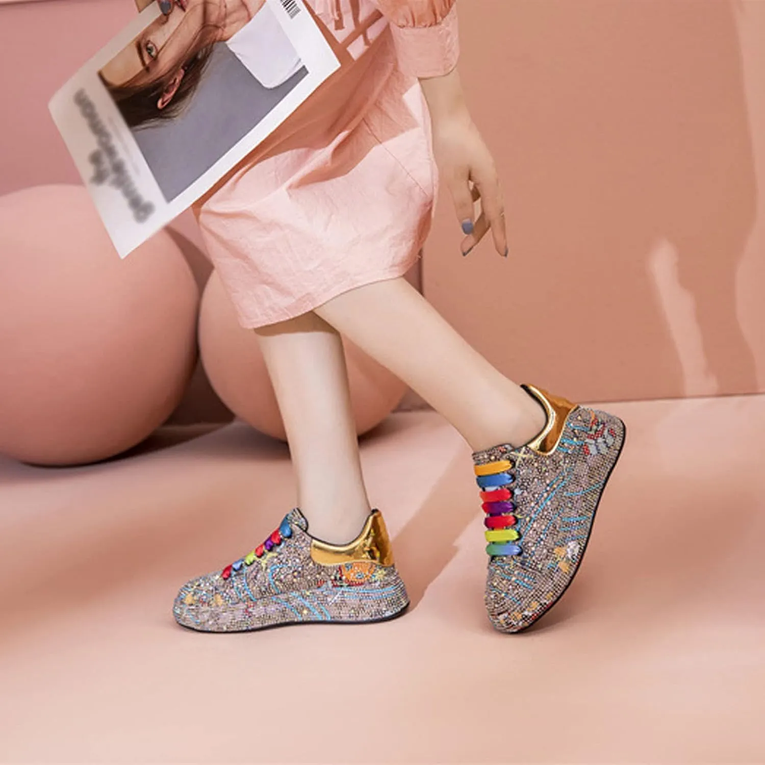 Crystal Sneakers Women High Fashion Sports Shoes Platform Sneakers Flats Rhinestone Shoes,Gold-35 EU