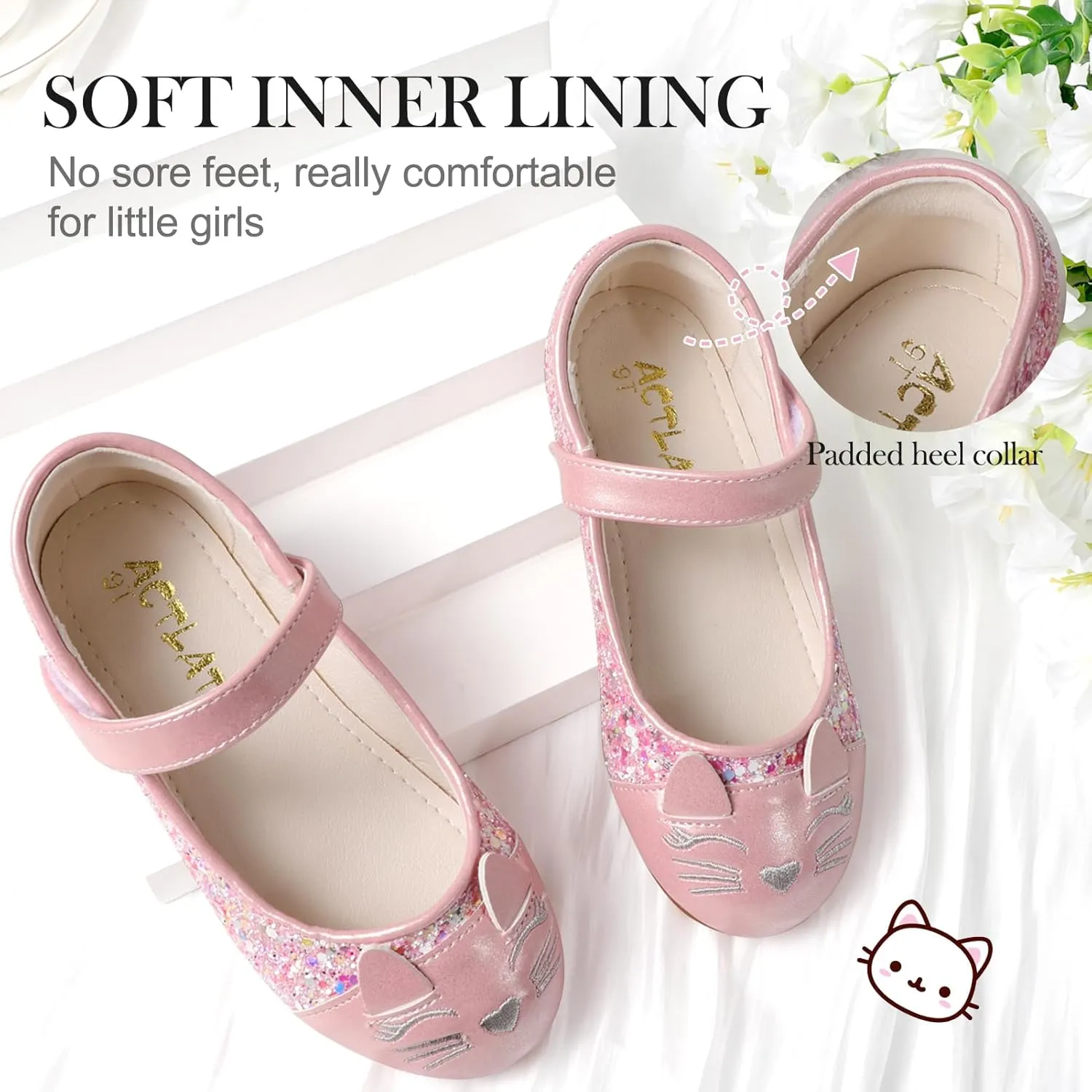 Cute Cat Dress Shoes for Toddler Girls, Flower Girls Mary Jane Shoes Glitter Princess Ballet Flats for School Party Wedding