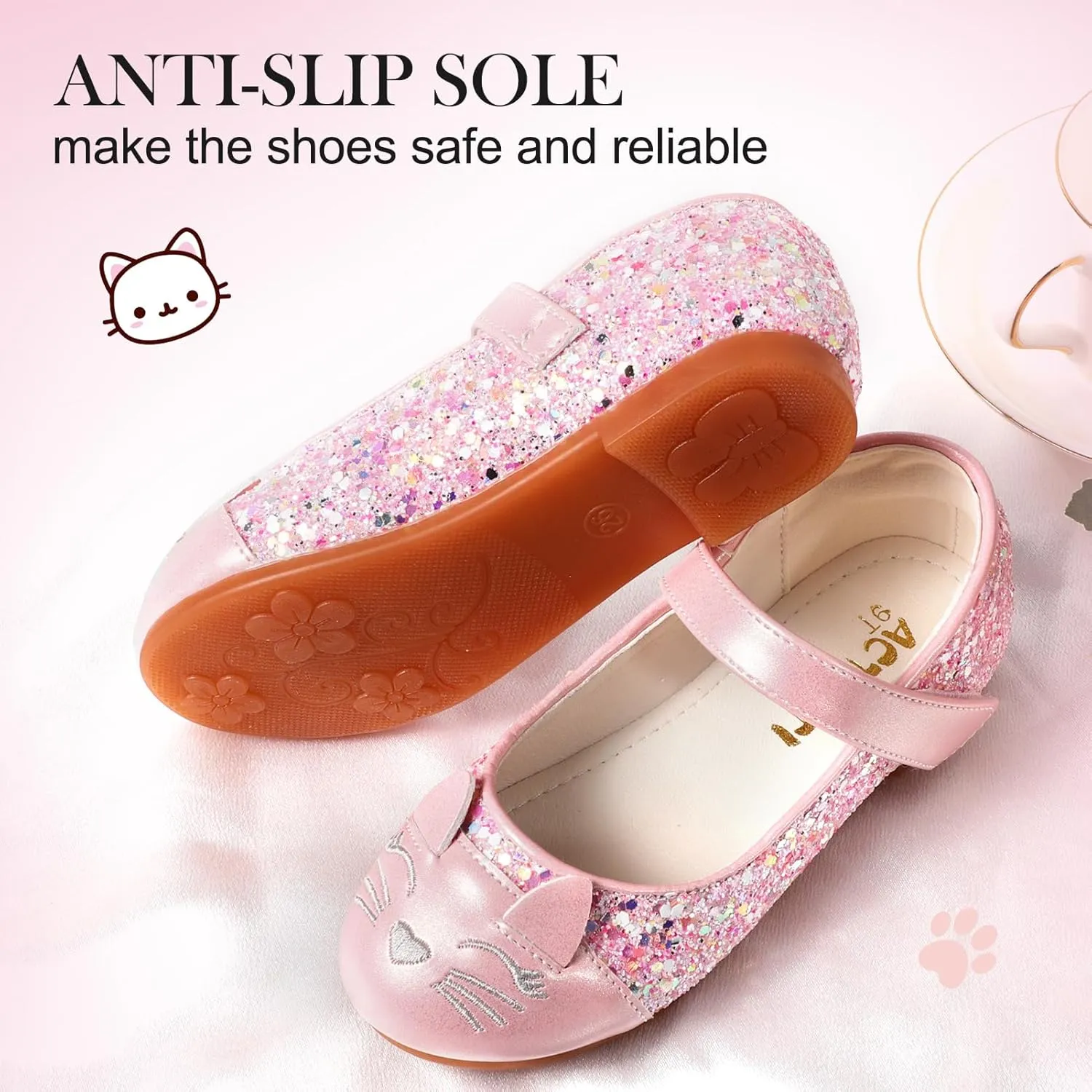 Cute Cat Dress Shoes for Toddler Girls, Flower Girls Mary Jane Shoes Glitter Princess Ballet Flats for School Party Wedding