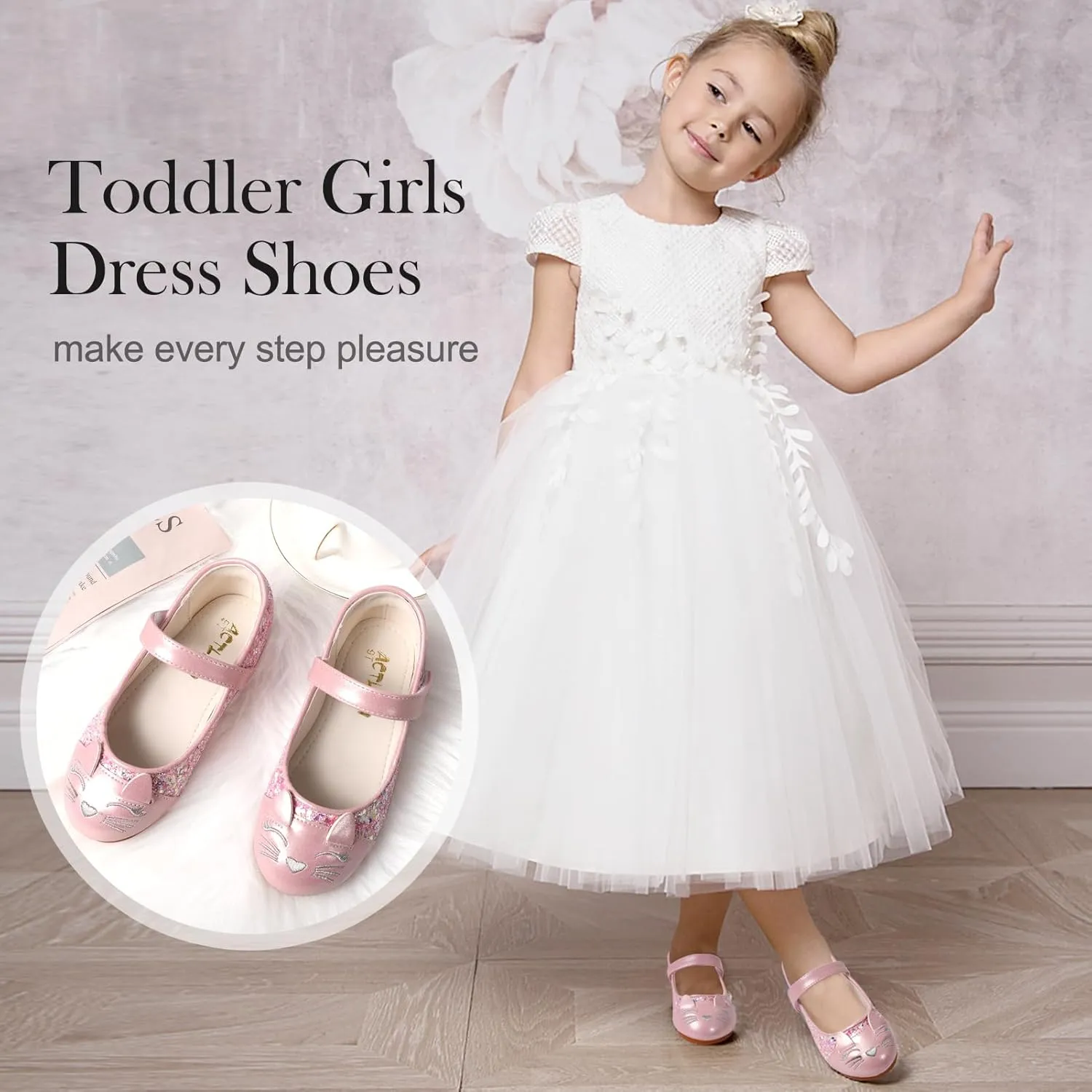 Cute Cat Dress Shoes for Toddler Girls, Flower Girls Mary Jane Shoes Glitter Princess Ballet Flats for School Party Wedding