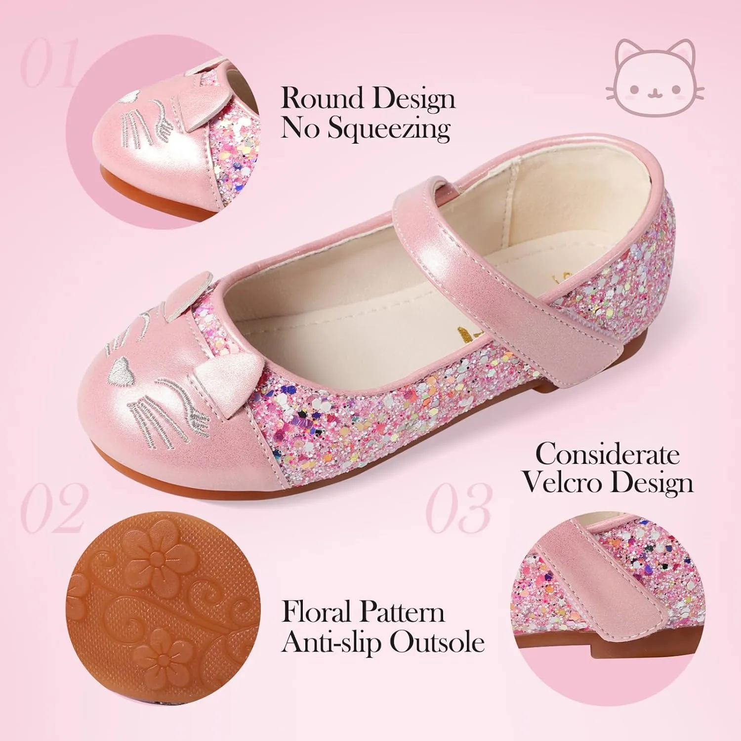 Cute Cat Dress Shoes for Toddler Girls, Flower Girls Mary Jane Shoes Glitter Princess Ballet Flats for School Party Wedding
