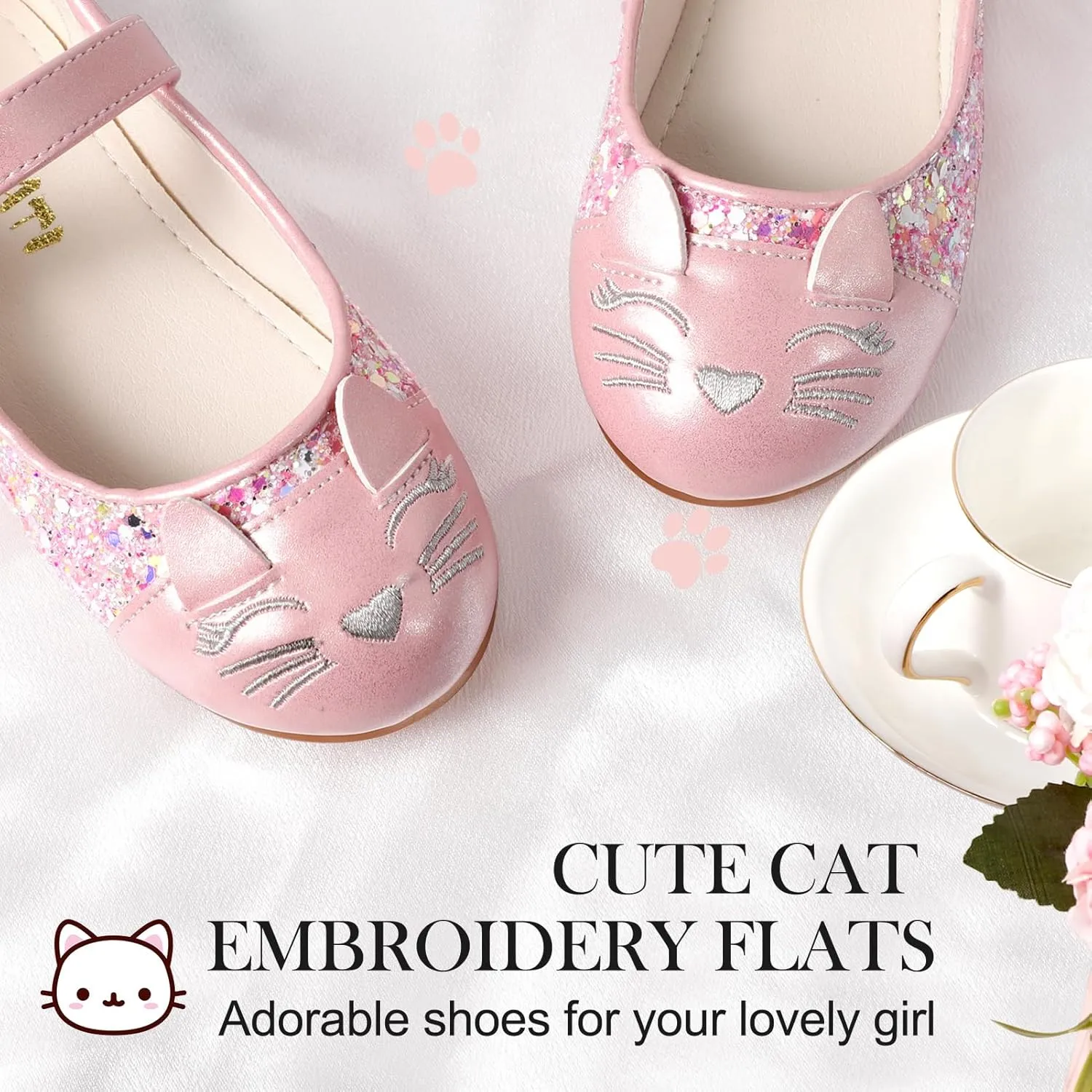 Cute Cat Dress Shoes for Toddler Girls, Flower Girls Mary Jane Shoes Glitter Princess Ballet Flats for School Party Wedding