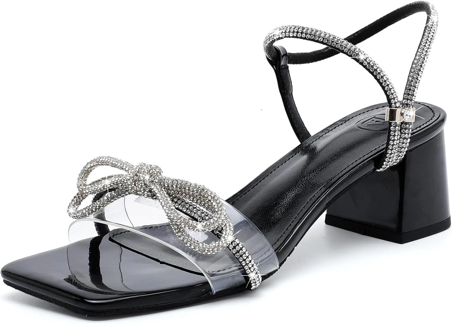 DADAWEN Women's Double Bowknots Crystal Sandals Clear Slingback Heels Square Toe Low Block Chunky Heels Sandals Wedding Party Dress Pumps Shoes