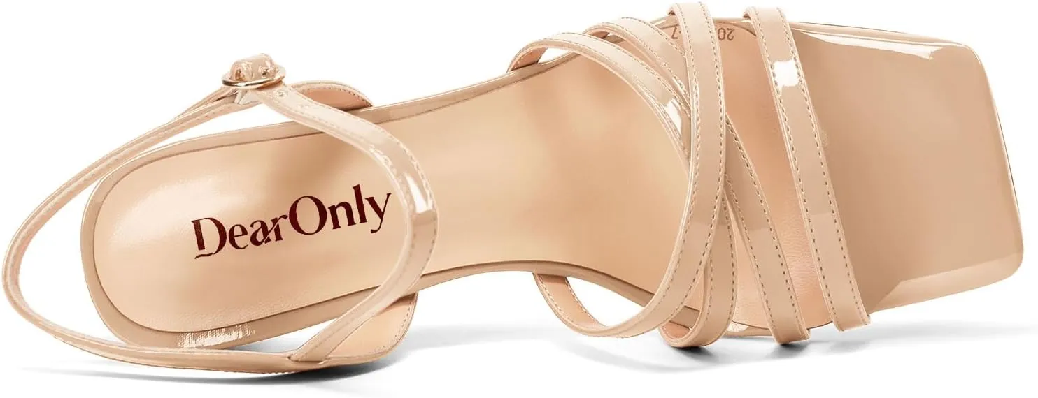 DearOnly Womens Square Toe Gladiator Chunky Block Mid Heel Sandals Ankle Strap Buckle Wedding Dress Patent Leather Shoes 3.2 Inches Heels