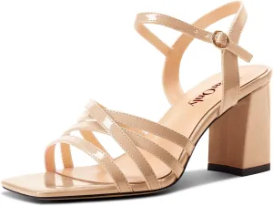 DearOnly Womens Square Toe Gladiator Chunky Block Mid Heel Sandals Ankle Strap Buckle Wedding Dress Patent Leather Shoes 3.2 Inches Heels