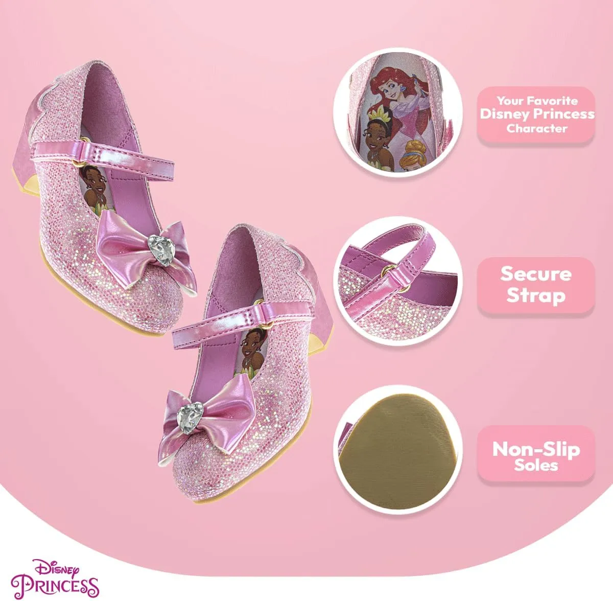 Disney Shoes - Girls Mary Jane Flat Pump Strap with Bow - Kids Character Princess Dress up Costume Flower School Party Flats Slip on - Toddler/Little Kid