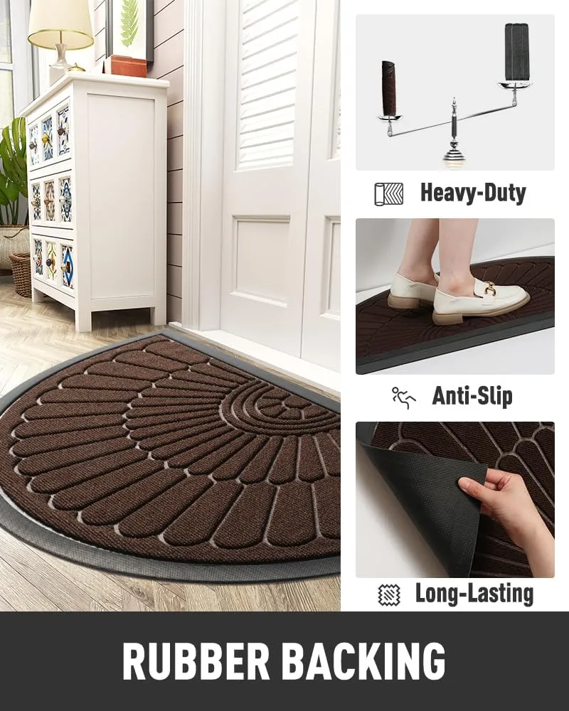 Door Mat Outdoor Indoor Entrance Doormat-Semicircular Durable Rubber Non Slip Front Door Mat for Outside Inside Entry Entryway Dirt Trapper Welcome Mat for Muddy Paws and Shoes-Brown 17”x30”