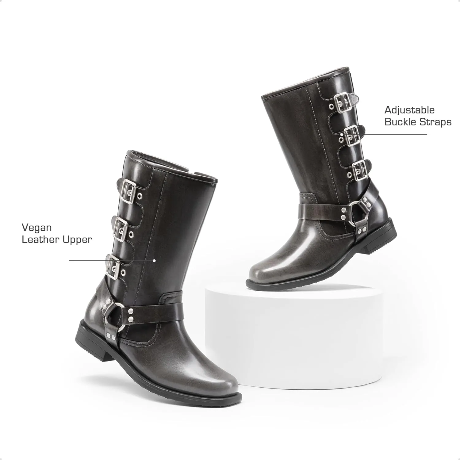 DREAM PAIRS Girls Boots Square Toe Knee High Motorcycle Booties with Buckles Riding Biker Boots Little Kid/Big Kid