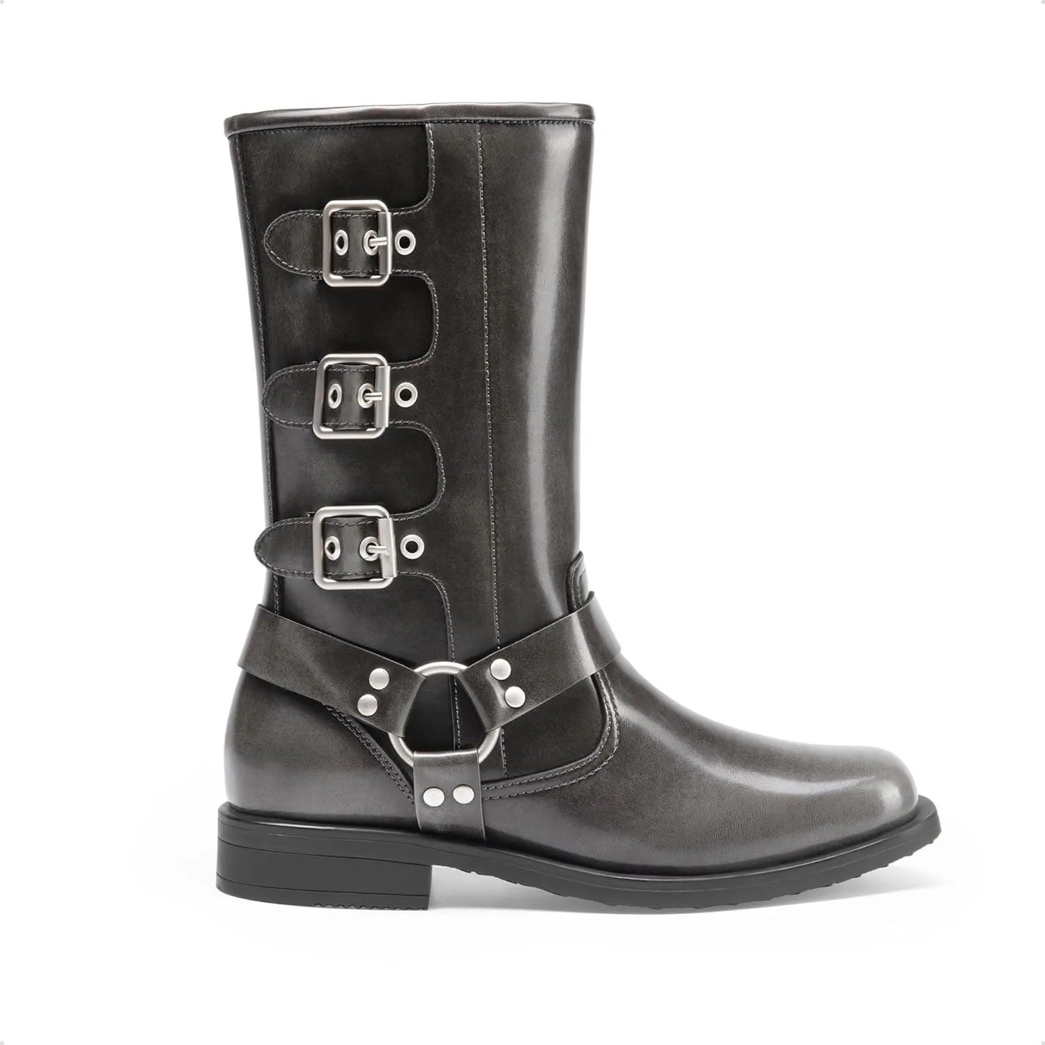 DREAM PAIRS Girls Boots Square Toe Knee High Motorcycle Booties with Buckles Riding Biker Boots Little Kid/Big Kid