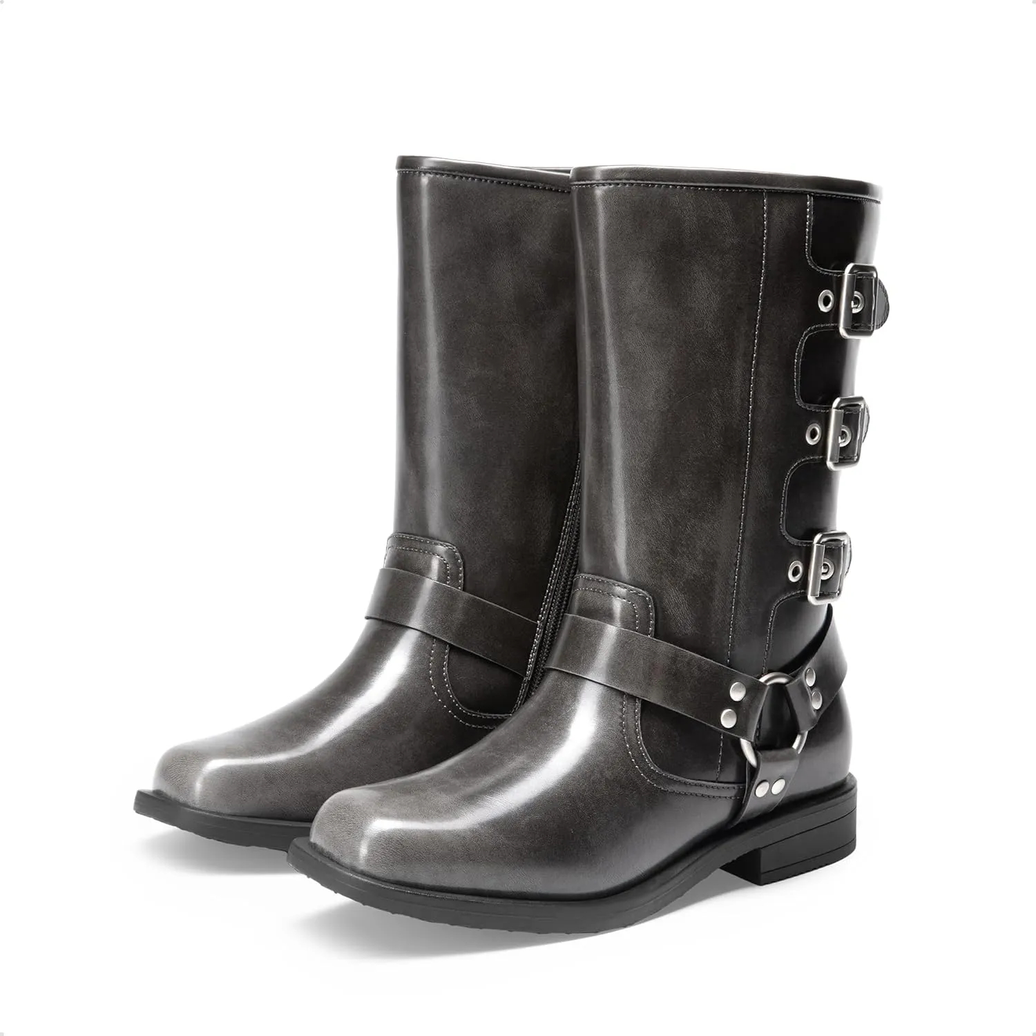 DREAM PAIRS Girls Boots Square Toe Knee High Motorcycle Booties with Buckles Riding Biker Boots Little Kid/Big Kid