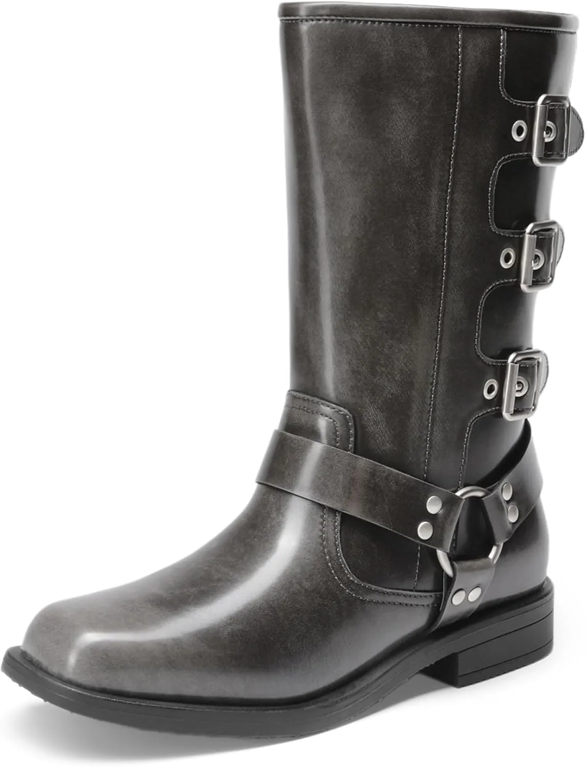 DREAM PAIRS Girls Boots Square Toe Knee High Motorcycle Booties with Buckles Riding Biker Boots Little Kid/Big Kid