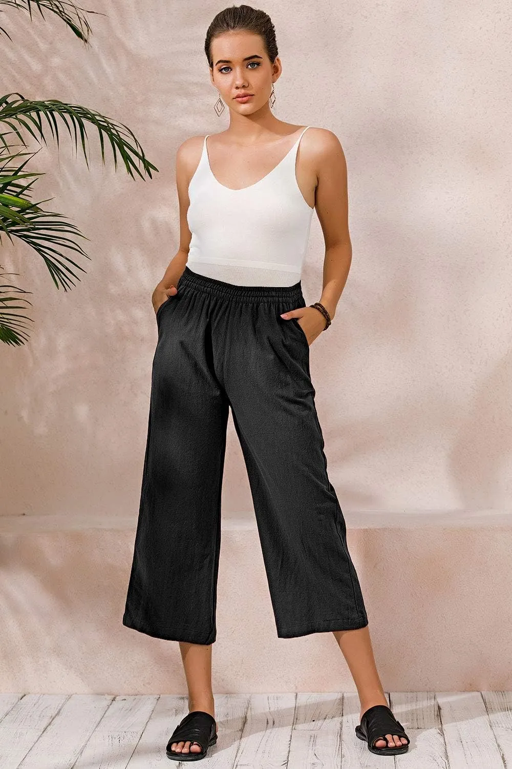 ECUPPER Womens Cotton Cropped Pants Loose Fit Wide Leg Capri Casual Plus Size Elastic Waist Trousers