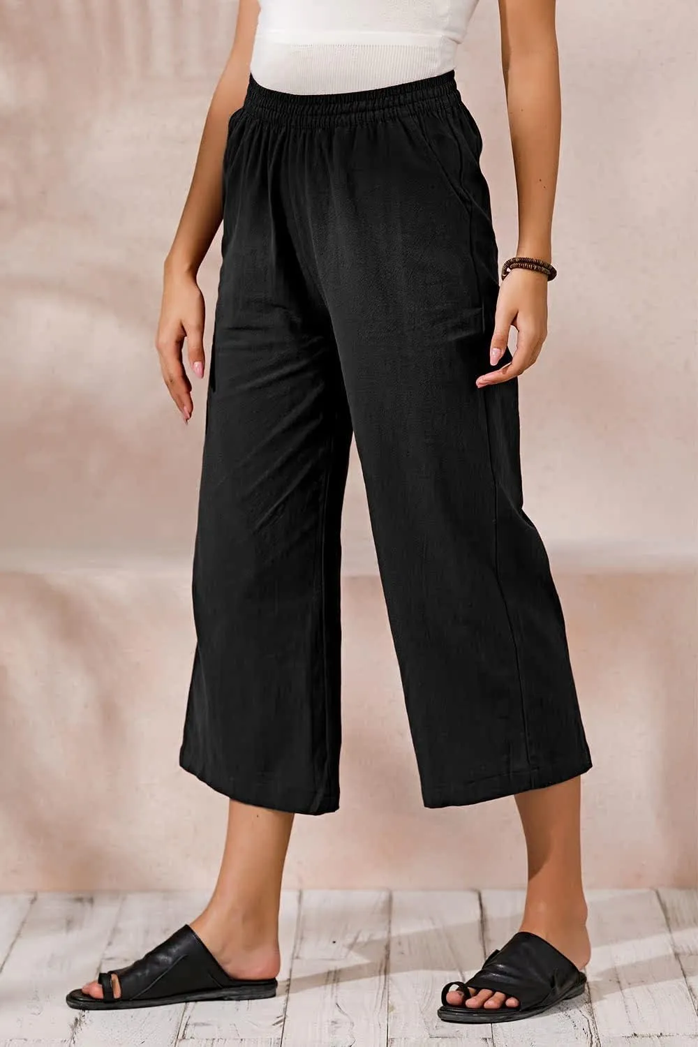 ECUPPER Womens Cotton Cropped Pants Loose Fit Wide Leg Capri Casual Plus Size Elastic Waist Trousers