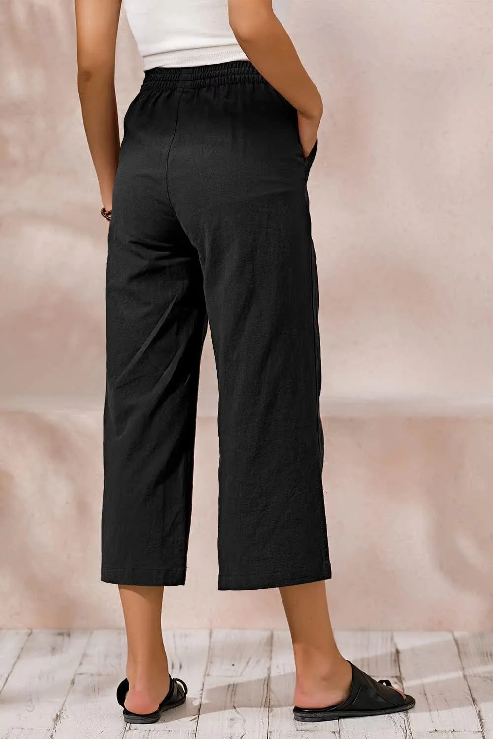 ECUPPER Womens Cotton Cropped Pants Loose Fit Wide Leg Capri Casual Plus Size Elastic Waist Trousers
