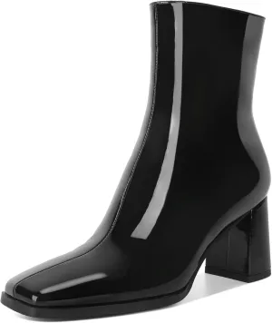 Eldof Ankle Boots Women Chunky Heel Square Toe High Heeled Gogo Short Booties Side Zipper 3 Inches