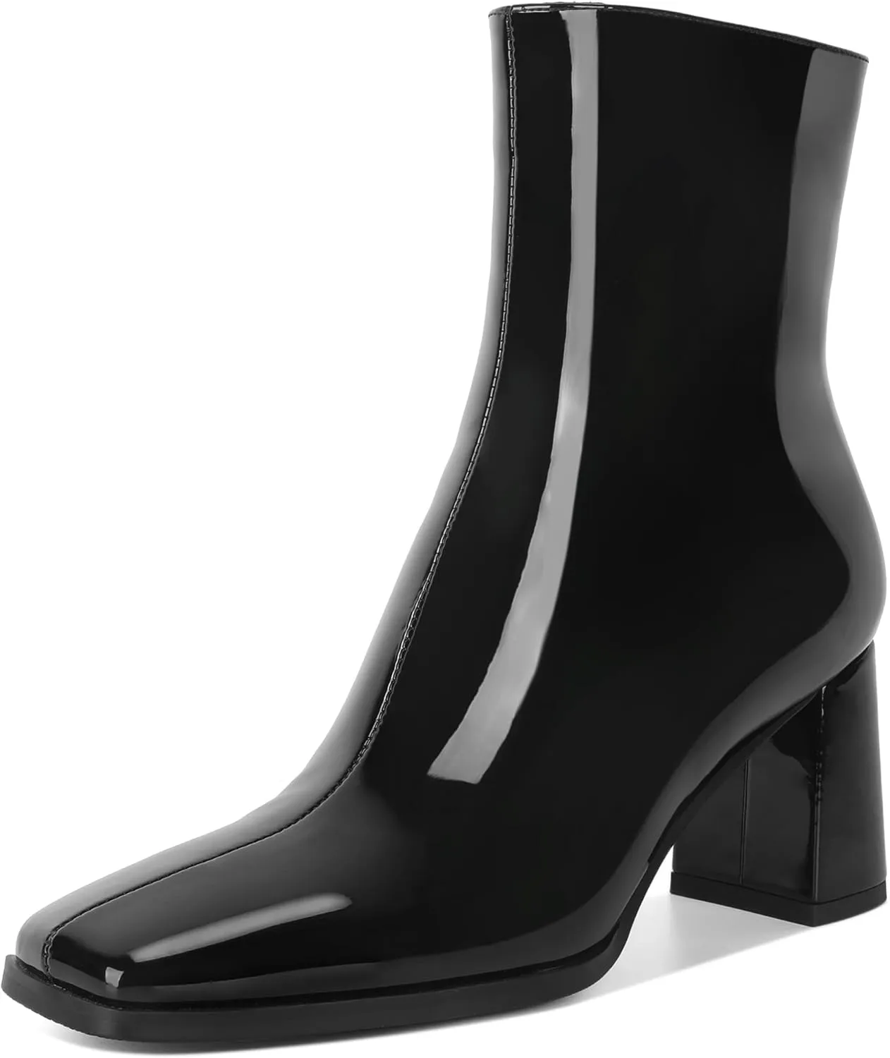 Eldof Ankle Boots Women Chunky Heel Square Toe High Heeled Gogo Short Booties Side Zipper 3 Inches