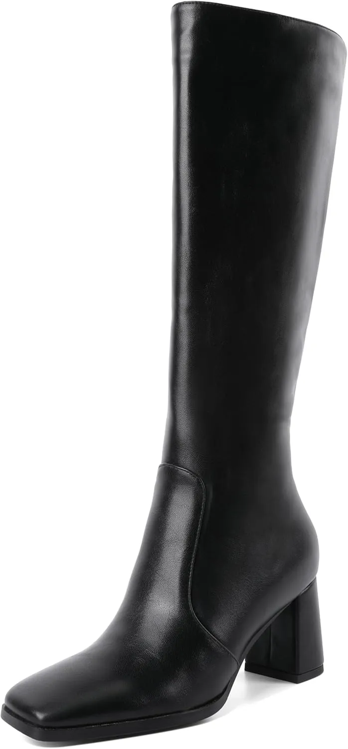 Eldof Women's Knee High Boots Square Toe Chunky Heel Tall Gogo Boots Zipper Closure 3 Inches