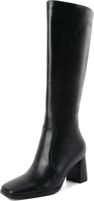 Eldof Women's Knee High Boots Square Toe Chunky Heel Tall Gogo Boots Zipper Closure 3 Inches