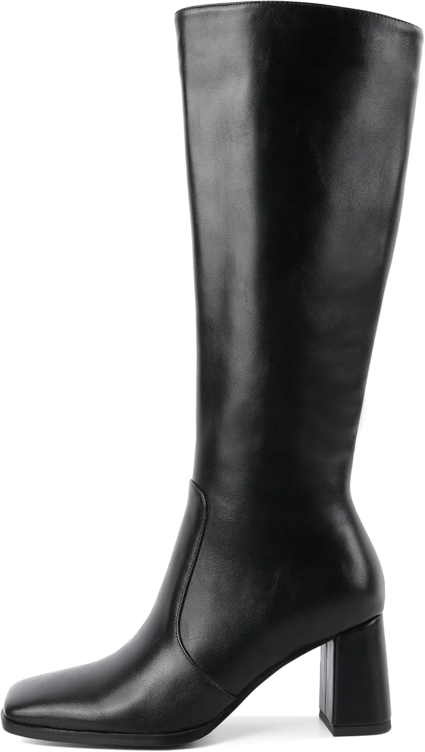 Eldof Women's Knee High Boots Square Toe Chunky Heel Tall Gogo Boots Zipper Closure 3 Inches