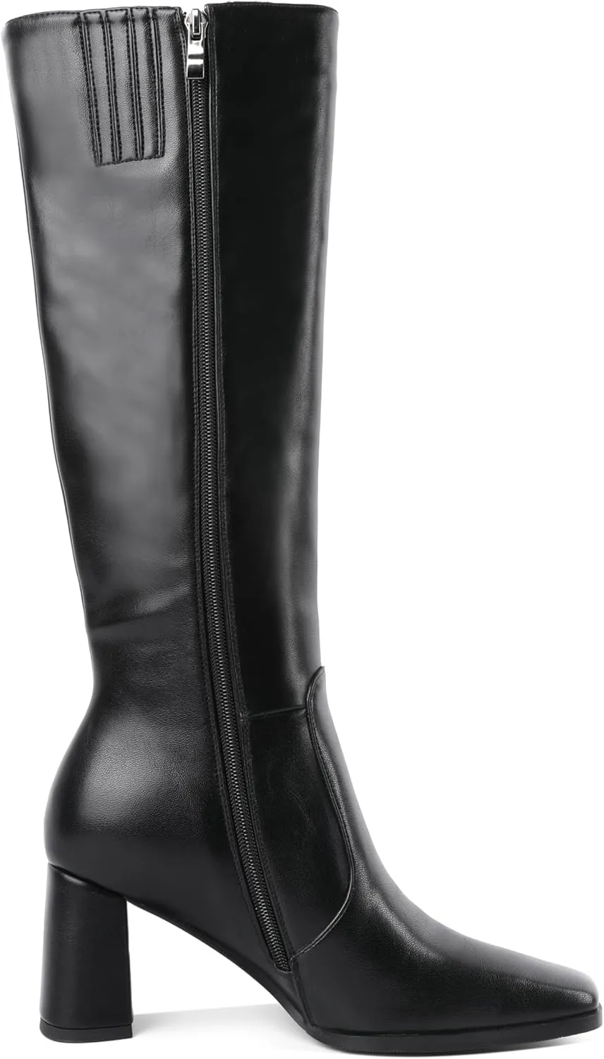 Eldof Women's Knee High Boots Square Toe Chunky Heel Tall Gogo Boots Zipper Closure 3 Inches