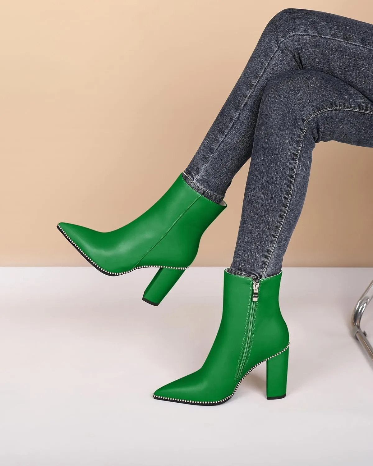 Eldof Womens Pointed Toe Beaded Chunky Ankle Boots Side Zipper 3.5 Inches