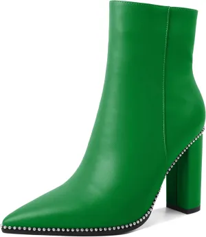 Eldof Womens Pointed Toe Beaded Chunky Ankle Boots Side Zipper 3.5 Inches