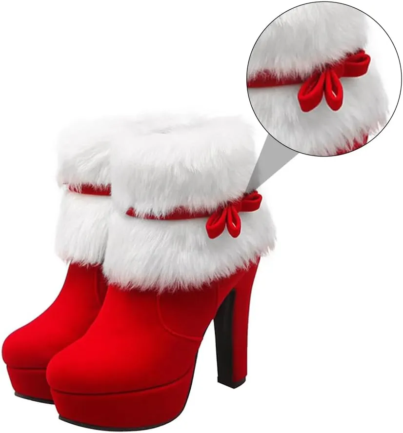 ERINGOGO Christmas Themed Women Ankle Boots Plush High Heel Platform Short Boot and Non-Slip for Winter Parties and Xmas