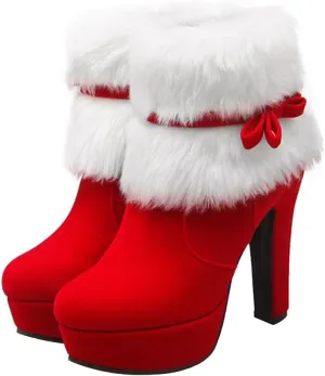 ERINGOGO Christmas Themed Women Ankle Boots Plush High Heel Platform Short Boot and Non-Slip for Winter Parties and Xmas