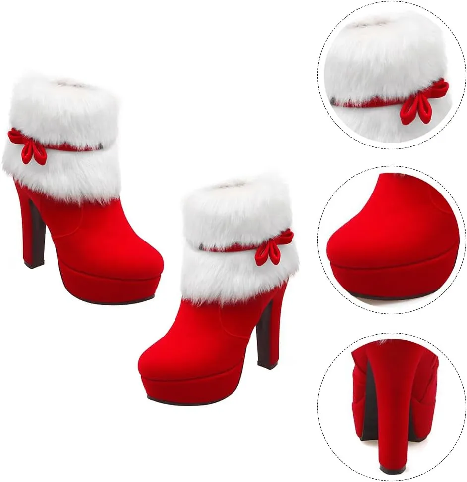 ERINGOGO Christmas Themed Women Ankle Boots Plush High Heel Platform Short Boot and Non-Slip for Winter Parties and Xmas