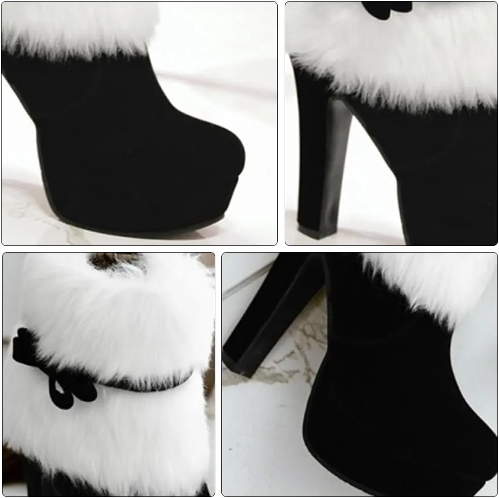 ERINGOGO Women Christmas Ankle Boots, Winter Fur Lined Platform Pointed Toe Suede High Heel, Side Zipper Santa Claus Booties