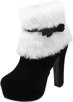 ERINGOGO Women Christmas Ankle Boots, Winter Fur Lined Platform Pointed Toe Suede High Heel, Side Zipper Santa Claus Booties