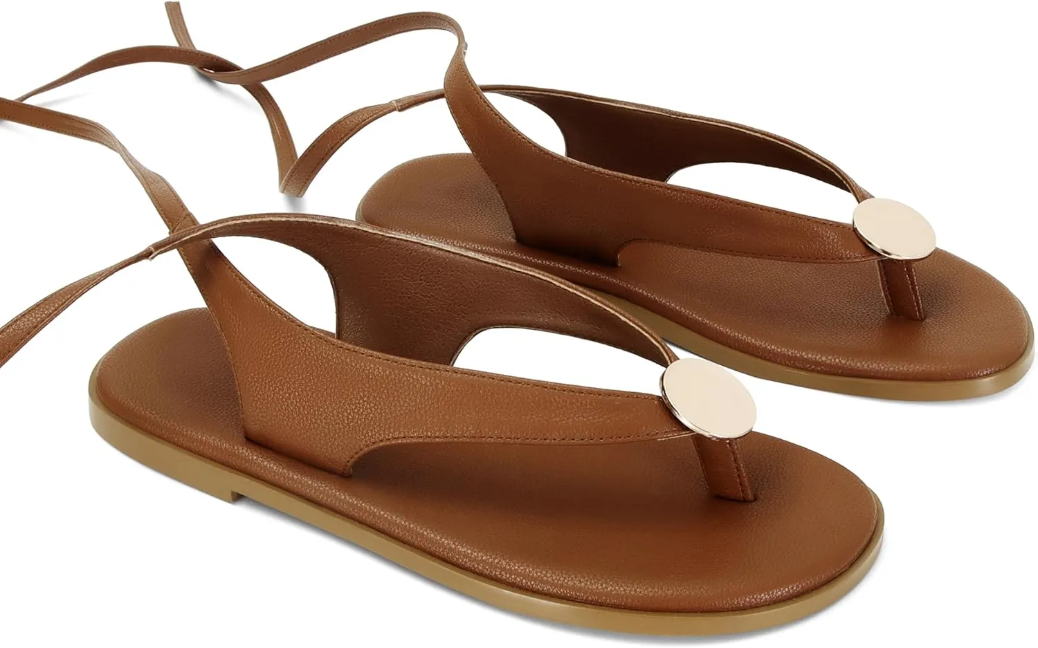 Flat Sandals for Women Strappy Sandals Comfortable Dressy Beach Flip Flop Slides Thong Sandals for Women with Metal Circular
