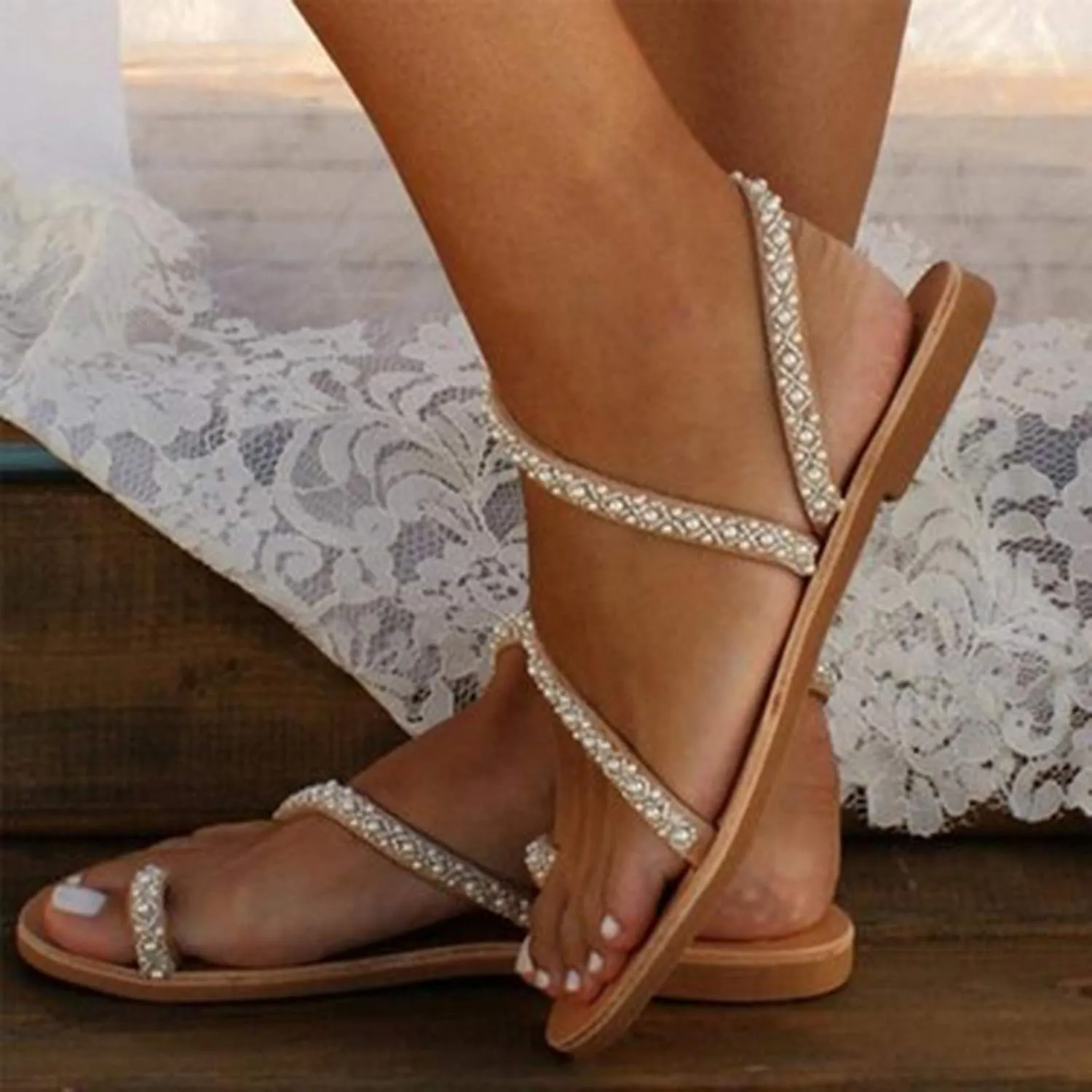 Flat Sandals for Women toe Ring Leather One toe toe Loop Vintage Boho Beach Pearl Falt Flat Womens Sandals