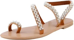 Flat Sandals for Women toe Ring Leather One toe toe Loop Vintage Boho Beach Pearl Falt Flat Womens Sandals