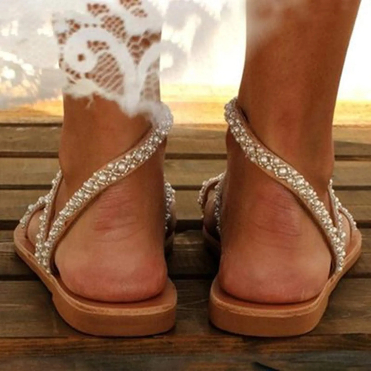 Flat Sandals for Women toe Ring Leather One toe toe Loop Vintage Boho Beach Pearl Falt Flat Womens Sandals
