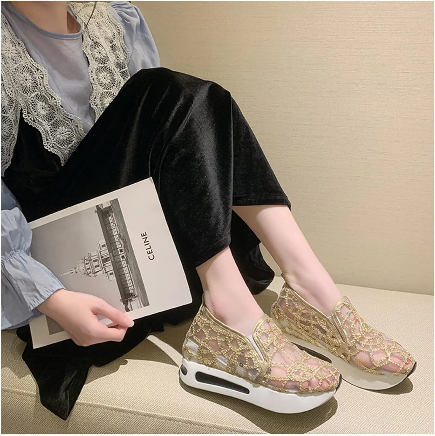 Floral Embroidery Breathable Sheer Mesh Sneakers for Women, Fashion Sequin Breathable Mesh Slip on Platform Sneakers